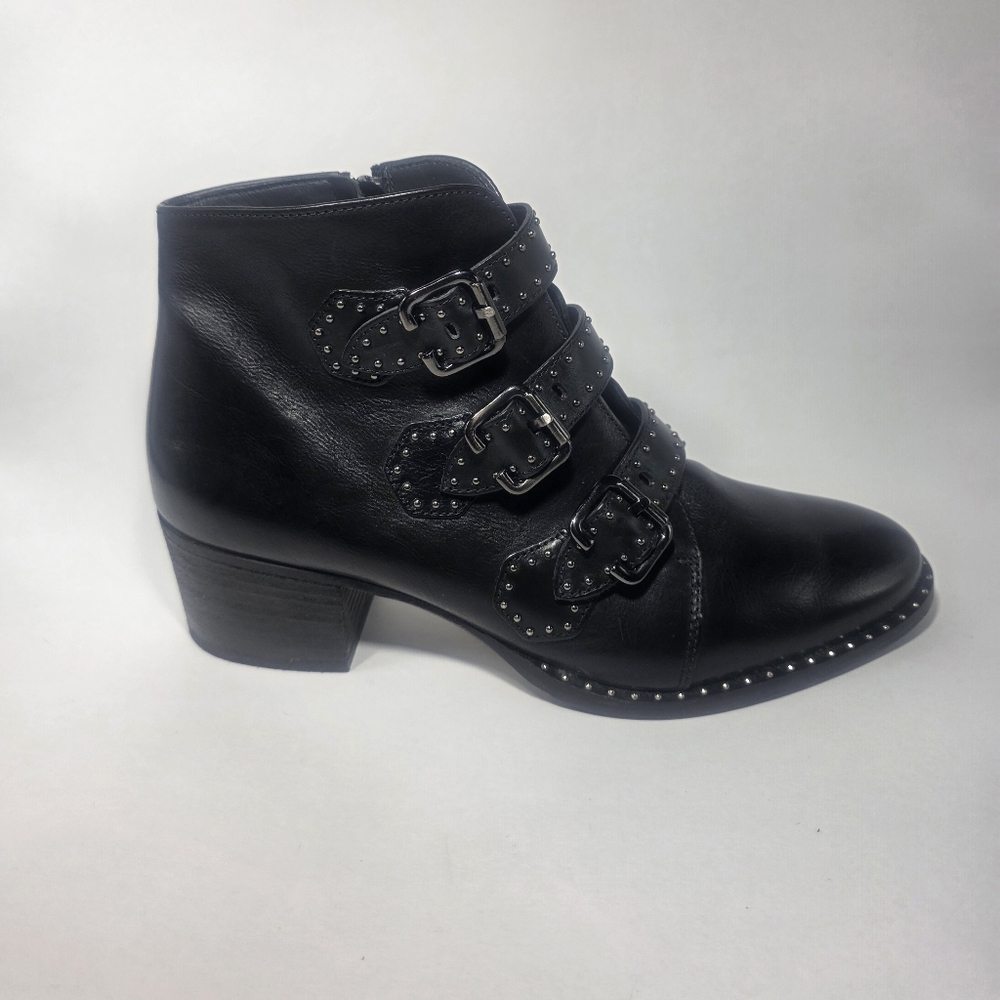 Paul Green Women’s Black Leather Studded Buckle Ankle Boots Size 5 Block Heel - Picture 4 of 6